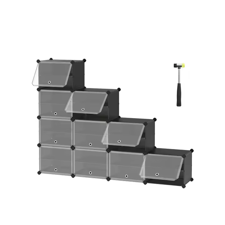 SONGMICS Mueble Zapatero Plástico, 10 Compartimentos, Zapatero Modular, Estantería Modular de Plástico, 30 x 40 x 30 cm Cada Cubo, con Puerta, Marco Acero, Panele Plástico, Blanco/Negro - 1