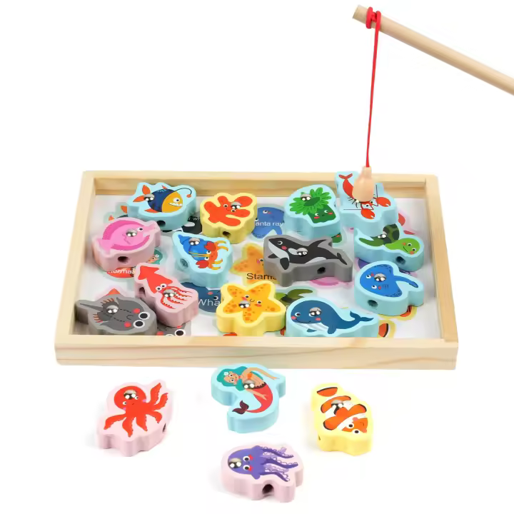 Juego de Pesca de Madera, 17 piezas de Pesca magnética, juguetes Montessori de Madera con caña de Pescar para niños mayores de 3 años, juguetes Educativos de Apendizaje para niños, juego de ensarzar cuentas. - 1
