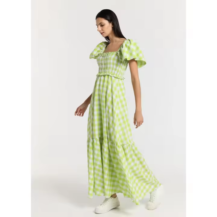 LOIS JEANS - Vestido largo bohemio con mangas con volantes, estampado de panal y estampado de cuadros - 1