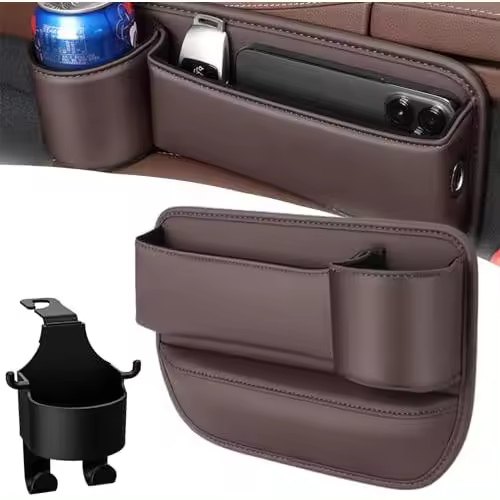 Bolsa para espacio de portavasos de cuero para automóvil, bolsa para espacio para portavasos de cuero para automóvil, caja de almacenamiento para asiento de automóvil con portavasos, almacenamiento para asiento de automóvil (gris, copiloto) - 1