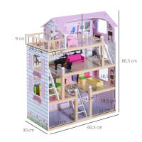 HOMCOM Casa de Muñecas con Muebles de 4 Niveles Altura 80,5 cm con 13 Accesorios Mobiliario Casita Muñeca Jueguetes de Madera 60,5x30x80,5 cm Rosa - details 2