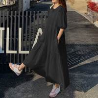 Vestido Largo Casual De Verano Para Mujer ZANZEA 2023 Con Manga Corta Y Cuello Redondo Sobredimensionado Vestidos Femme Elegante Sólido - details 8