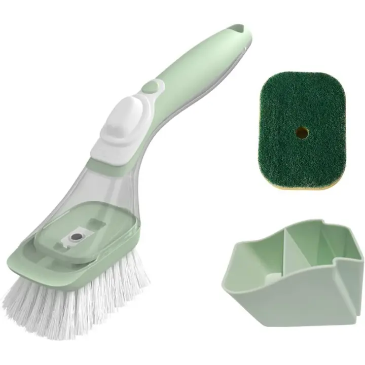 Cepillo dispensador de jabón para platos, fregador de platos con mango, cepillo de lavado de cocina para limpieza de fregadero, embalado con 1 estropajo reemplazado He - 1