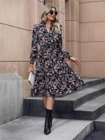 Vestido Casual De Mujer Con Estampado Floral Cuello V Manga Larga A-Line Longitud De Rodilla Cintura Alta Primavera Otoño Invierno - details 5