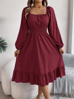 Vestido A-Line De Mujer Elegante Otoño Invierno Color Sólido Cuello Cuadrado Manga Larga Volantes Vestido Midi Casual Polyester Spandex - details 9
