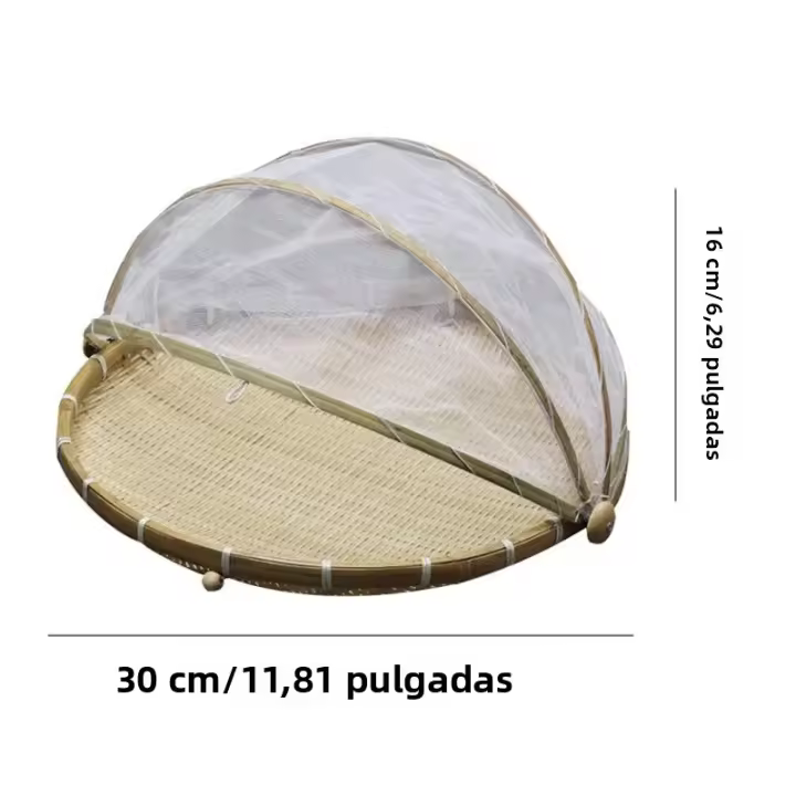 Cesta De Alimentos De Bambú Para Picnic Cubierta Malla Antipolvo Almacenamiento Ecológico Para Verduras Frutas Pan - 1
