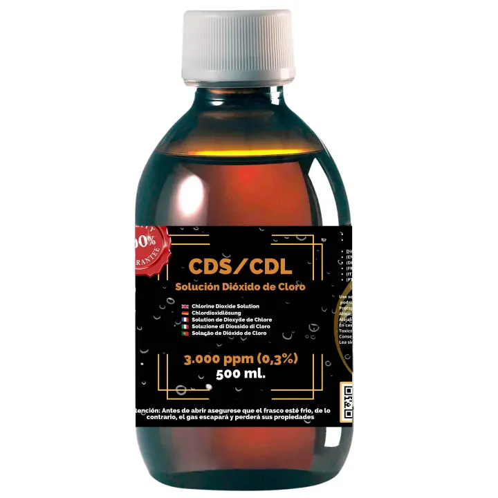 CDS Solución Dióxido de Cloro 500 ml. | 3.000 ppm al 0,3% | Máxima Pureza | Formula Original A. Kalcker | Con gotero y Vaso Dosificador | Envasado en Cristal de Laboratorio Reutilizable. - 1
