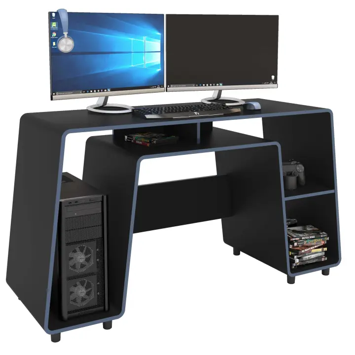 Mesa Gamer London Negro y Azul  Gran Espacio para Torre de Ordenador  Diseño Moderno y Funcional  150,5 cm - 1
