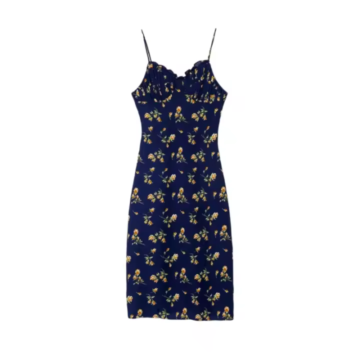V-neck wooden ear edge pleated camisole dress for women in Europe and America, slim fit print, high waisted beach resort, mid length skirt - 1