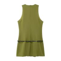 Vestido Mini Verde Con Cinturón Y Cierre De Cremallera En Espalda DUOPERI Para Mujer Estilo Vintage V-Neck Sin Mangas Chic Y Elegante Para Verano - details 2