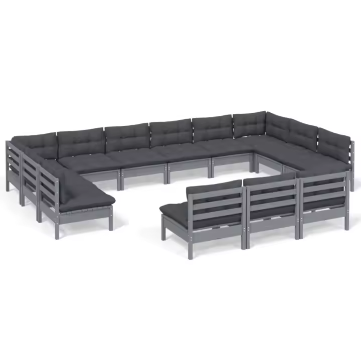 vidaXL Muebles de jardín 13 pzas y cojines gris madera maciza de pino - 1