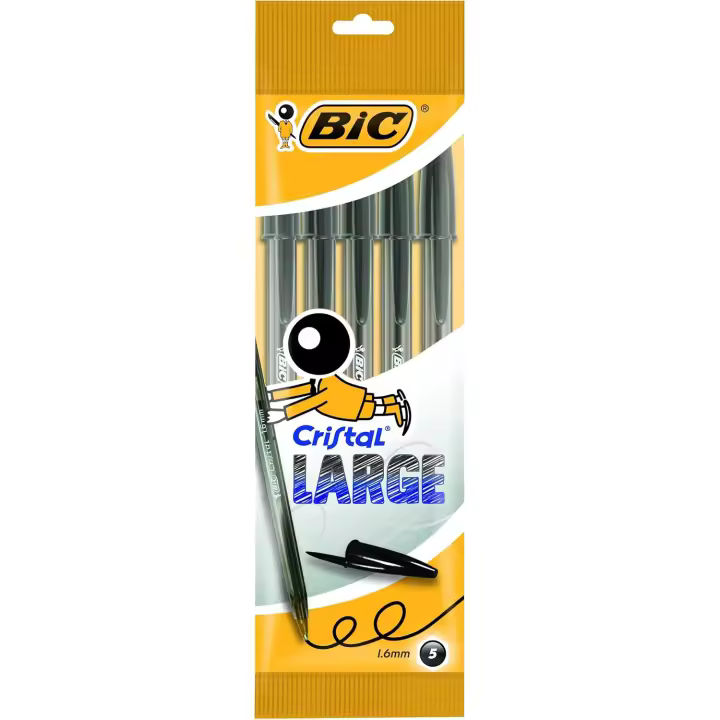 BIC Cristal Large Bolígrafos Punta Ancha (1,6 mm) - Negro, Blíster de 5 Unidades - 1