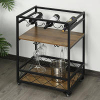 HOMCOM Carro de Cocina Carrito de Servicio Móvil Multiusos con 3 Estantes Bandeja Botellero Soporte Copas y barra para Comedor 77x44,5x91 cm Madera Rústica - details 2