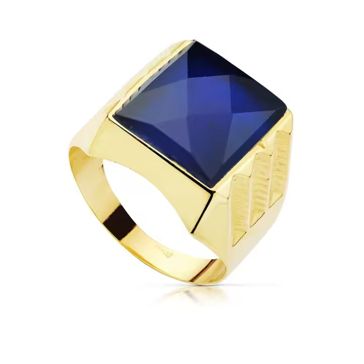 Anillo Inmaculada Romero Oro 18k Piedra Espinela Azul Cuadrado Tallado Hombre Diseño Hueco - 1