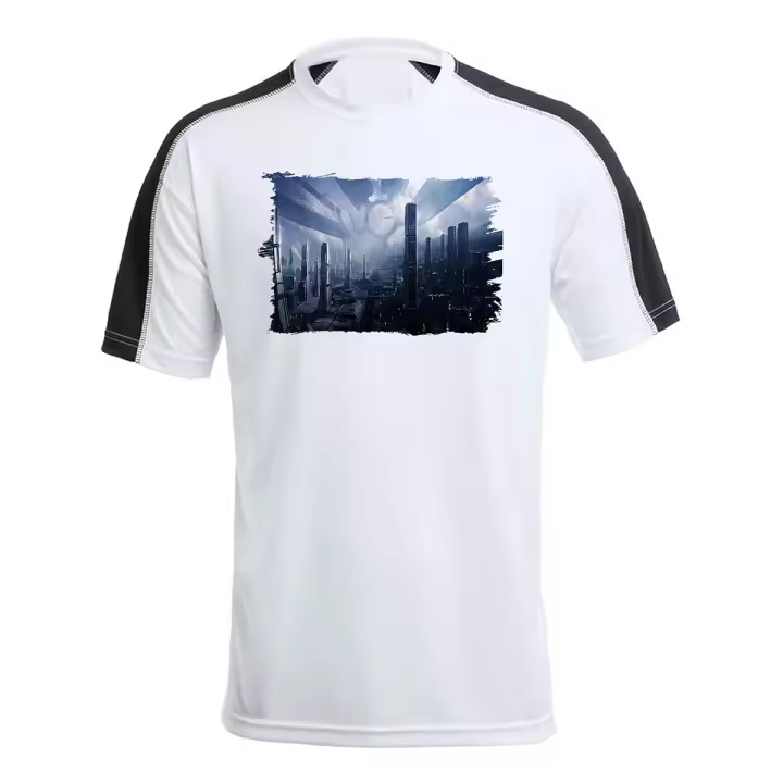 MERCHANDMANIA CAMISETA TÉCNICA FRANJA MANGAS NEGRA ciudad futurista espacio universo alienigena tshirt exploracion espacial nasa - 1