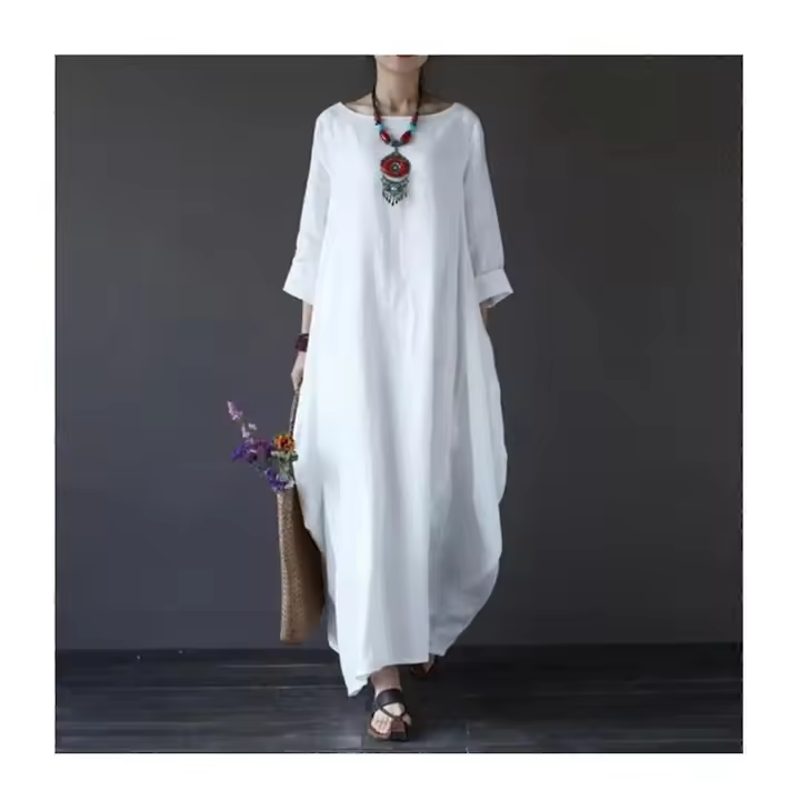 Summer Dress For Women Long Sleeve Loose Cotton Linen Long Dress For Casual - 1