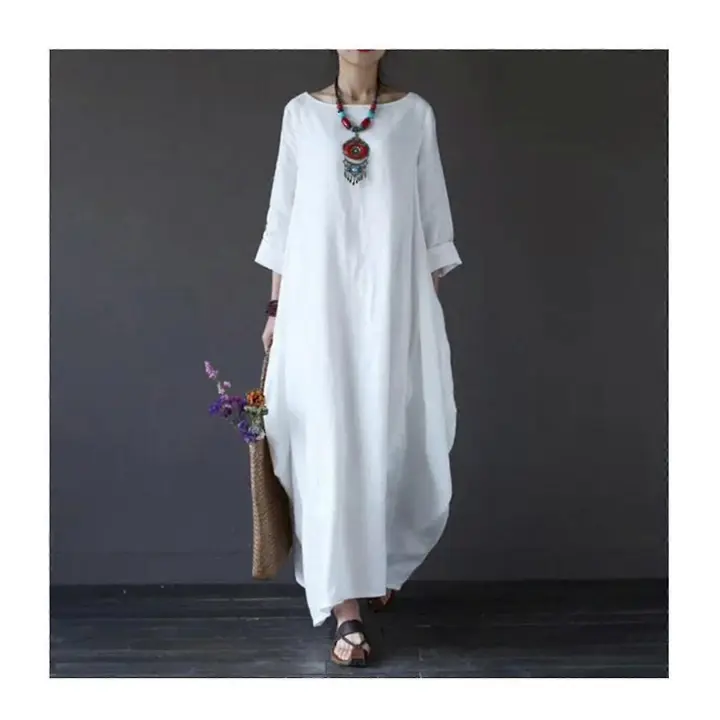 Summer Dress For Women Long Sleeve Loose Cotton Linen Long Dress For Casual - 1