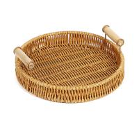 Bandeja De Alimentos De Plástico Tejida a Mano En Rattan Para Frutas Verduras Pasteles Forma Redonda Cesta De Almacenamiento Con Mango - details 5