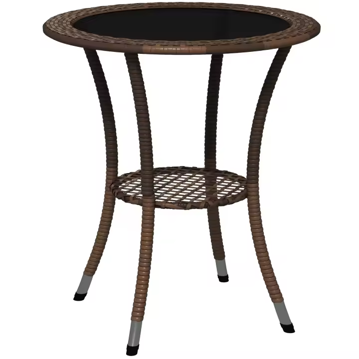 Outsunny Mesa de Ratán Redonda Ø64x71 cm Mesa de Jardín con Estante Marco de Acero y Tablero de Vidrio Carga 50 kg para Terraza Patio Marrón - 1