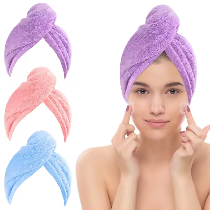 Paquete de 3 toallas para el Cabello, microfibra con botón, absorbente, antiencrespamiento, gorros para el cabello de Seco, turbante para Niñas, Mujeres y Cabello Largo, Húmedo y Grueso - 1