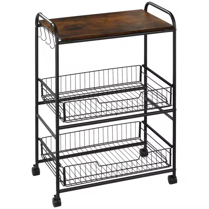 HOMCOM Carrito Auxiliar con Ruedas Carrito Verdulero de 3 Niveles Carrito de Cocina con 2 Cestas y 4 Ganchos para Comedor Salón 60x38x85,5 cm MarrónRústico - 1