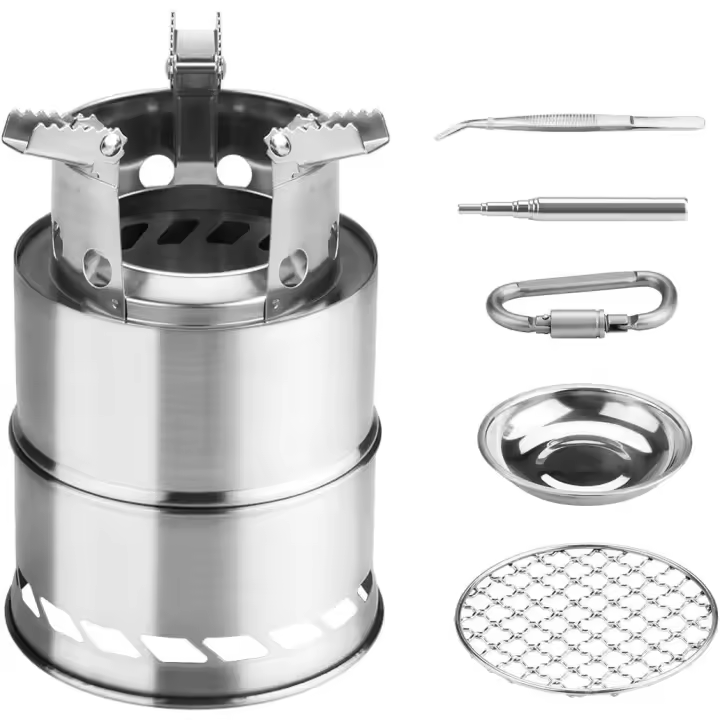 Estuá de camping, plegable, pequeña Estufa portátil de Madera inoxidable para barbacoa senderismo camping picnic con barbacoa Malla y tazón de Licor - 1