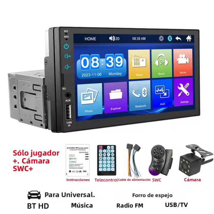 Reproductor Multimedia Para Coche HIPPBQCC 7 Pulgadas 1 Din MP5 Pantalla Táctil FM USB Bluetooth Entrada Aux ISO Potencia Del Auto Radio - 1