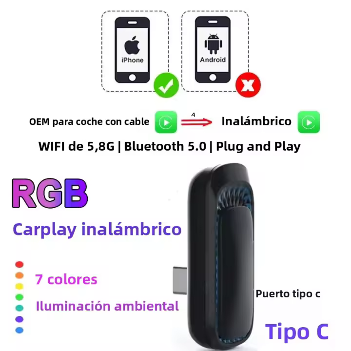 Adaptador De CarPlay Sin Cable Para iPhone Para Coches 2016 Y Posteriores Con Luz Ambiental OEM Cableado Icreative Color Negro Con Iluminación RGB De 7 Colores - 1
