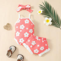 Conjunto Veraniego Para Bebé Niña Con Estampado De Flores Camiseta Y Shorts Con Diadema 2 Piezas Ropa Infantil De Verano - details 1