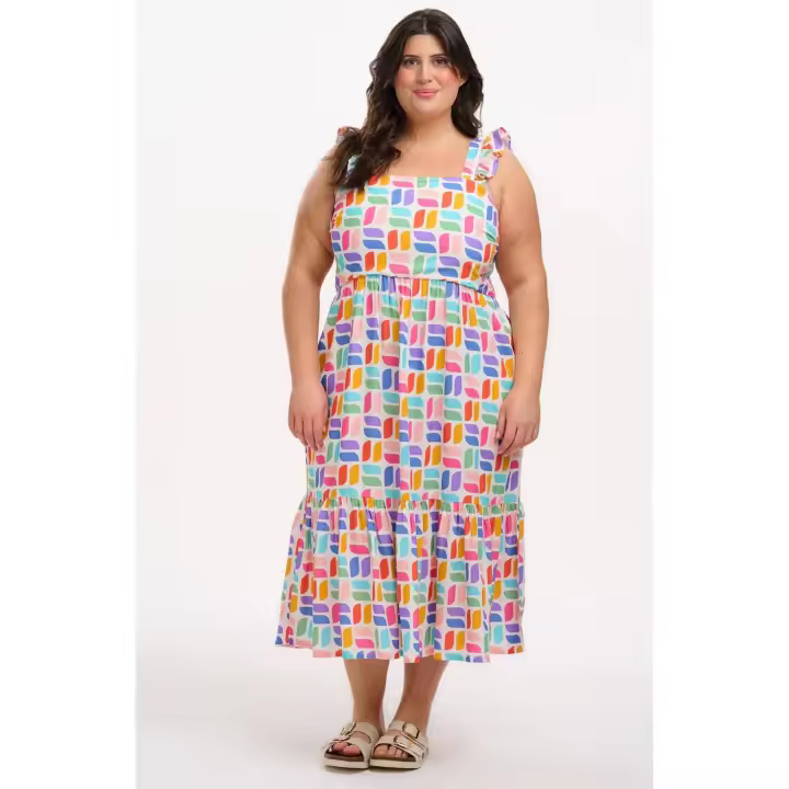 SUGARHILL BRIGHTON - Vestido de verano midi fruncido Estelle color blanco roto, estampado geométrico muticolor de Sugarhill Brighton - 1