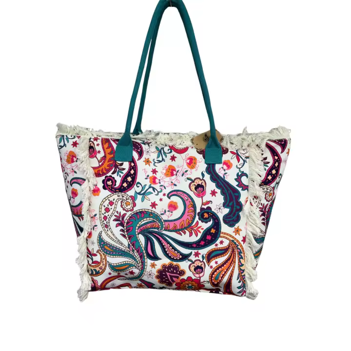 MEJORADA Tote Bag Grande - Bolso de Playa con Flecos, Estilo Bohemio y Colorido, Tamaño 55x35x20cm, Ideal para Playa, Compras y Uso Diario - 1