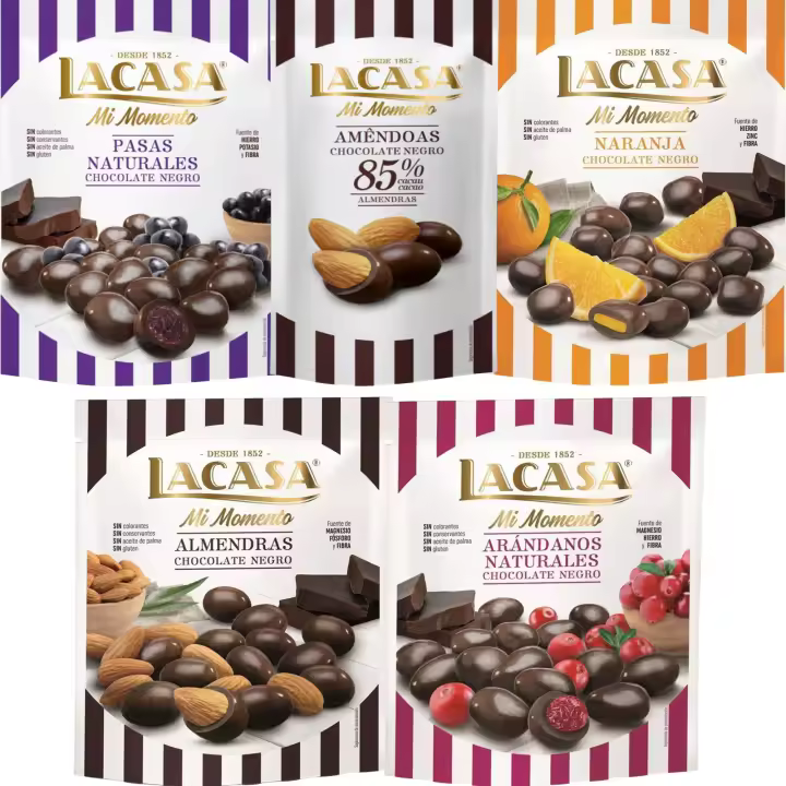 Lacasa Mi Momento pack de 5:Almendra 85% 65G,Arándano choco Negro 125G,Pasas choco Negro 150G,Almendra choco Negro 125G,Naranja choco Negro 125G - 1