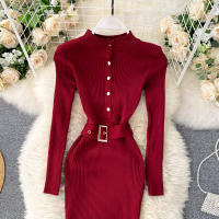 Vestido REALEFT De Punto Para Mujer Con Cuello Alto Y Mangas Largas Estampado Sólido Estilo Casual Vestido De Abrazo Largo Hasta La Rodilla Para Otoño E Invierno - details 8