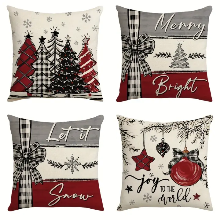 Juego de 4 almohada de tiro de Navidad Covers-45X45 cm-Festivo árbol de Navidad y copo de nieve diseños-invierno granja vacaciones decoración para sofá, sala de estar y dormitorio - 1