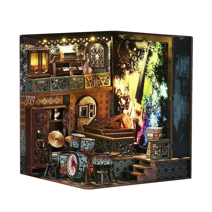 DAM. Explosión de notas. Book Nook de madera, diseño 3D realista, marco luminoso con fondo intercambiable. 18x18x20cm. - 1