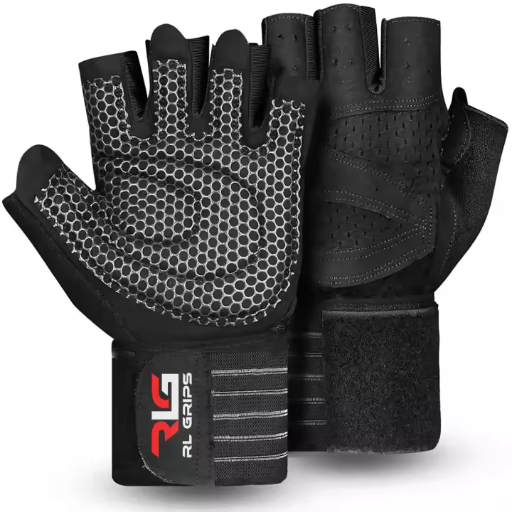 RL Grips® Guantes Gimnasio para Levantamiento de Pesas, Crossfit, Musculación con Muñequera y Grip de Silicona Antideslizante en Color Rosa y Negro - Guantes Fitness para Hombre y Mujer con Muñequera - 1