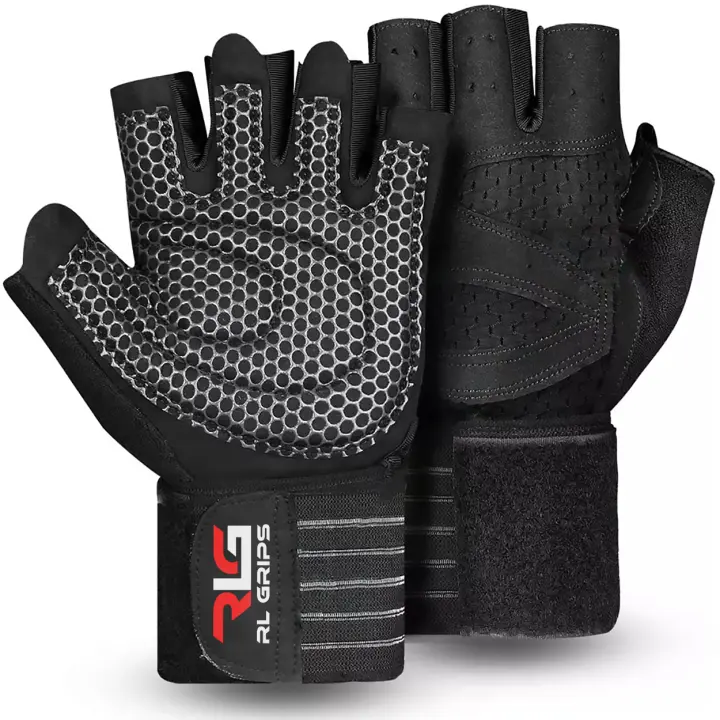 RL Grips® Guantes Gimnasio para Levantamiento de Pesas, Crossfit, Musculación con Muñequera y Grip de Silicona Antideslizante en Color Rosa y Negro - Guantes Fitness para Hombre y Mujer con Muñequera - 1