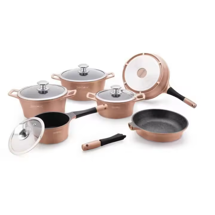Batería de cocina 14 piezas con revestimiento de piedra , Teflón y asas de silicona   RL-ES2014M COPPER - 1