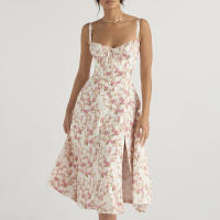 Vestido De Playa Para Mujer Con Estampado Floral Cuello Cuadrado Ajuste Frontal Y Abertura En Pierna Midi Polyester Sin Mangas Vestido De Noche - details 51