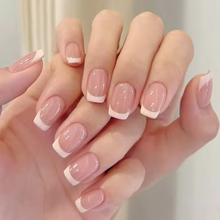 24 uñas postizas with pegamento - Puntas Cortas para uñas postizas - Cobertura total - Decoración de uñas Cortas (Nude, Pink, Blanco, simple) - 1