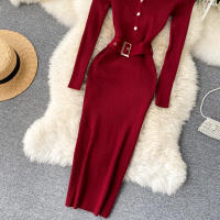 Vestido REALEFT De Punto Para Mujer Con Cuello Alto Y Mangas Largas Estampado Sólido Estilo Casual Vestido De Abrazo Largo Hasta La Rodilla Para Otoño E Invierno - details 10