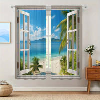 2pcs Cortina De Ventana Con Estampado De Paisaje De Playa Para Decoración Del Hogar Tratamiento De Ventana Para Dormitorio Oficina Cocina Sala De Estar Y Estudio 100% Poliéster - details 6