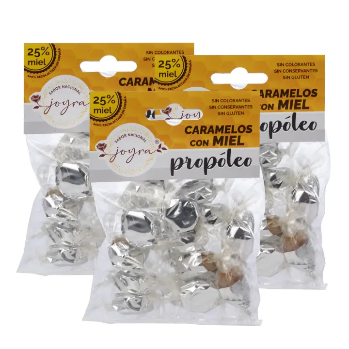ARTE SABOR Pack de 3 paquetes de Caramelos de miel con propóleo, 100gr. Con un 25% de miel cruda y hechos con ingredientes 100% naturales. 10x5x14 Cm. - 1