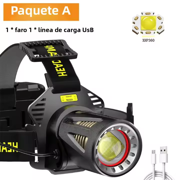 Linterna Frontal LED XHP360 De Alta Potencia Con Zoom Y Rotación Sensible 90° USB Recargable Luz De Camping Con Bank De Energía - 1