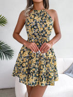 Vestido De Verano Casual Para Mujer Con Estampado Floral Y Volantes Estilo Halter Largo Mini Polyester Slim Fit Y Flare - details 13