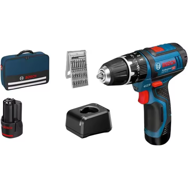 Bosch Professional 12V System GSB 12V-15 - Taladro percutor a batería (30 Nm, 1300 rpm, set 25 accesorios, 2 baterías x 2.0 Ah, en maletín de lona) - 1
