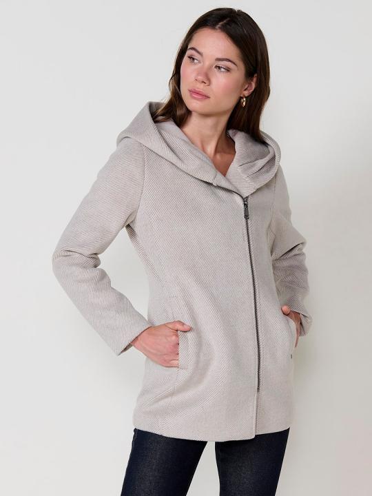 Koroshi Abrigo corto de mujer en tejido efecto lana color crudo, con capucha, bolsillos laterales, cierre de cremallera metálica y forro al tono.