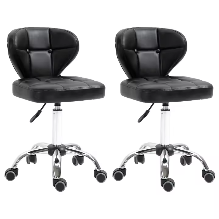 HOMCOM Juego de 2 Taburetes de Trabajo con Respaldo Taburetes con Ruedas de Piel Sintética Taburete Giratorio con Respaldo Taburete de Cosmética Taburete con Ruedas Taburete de Oficina 72-87 cm Altura Regulable Oficina Gris Oscuro 45 x 47 x 72-87 cm - 1
