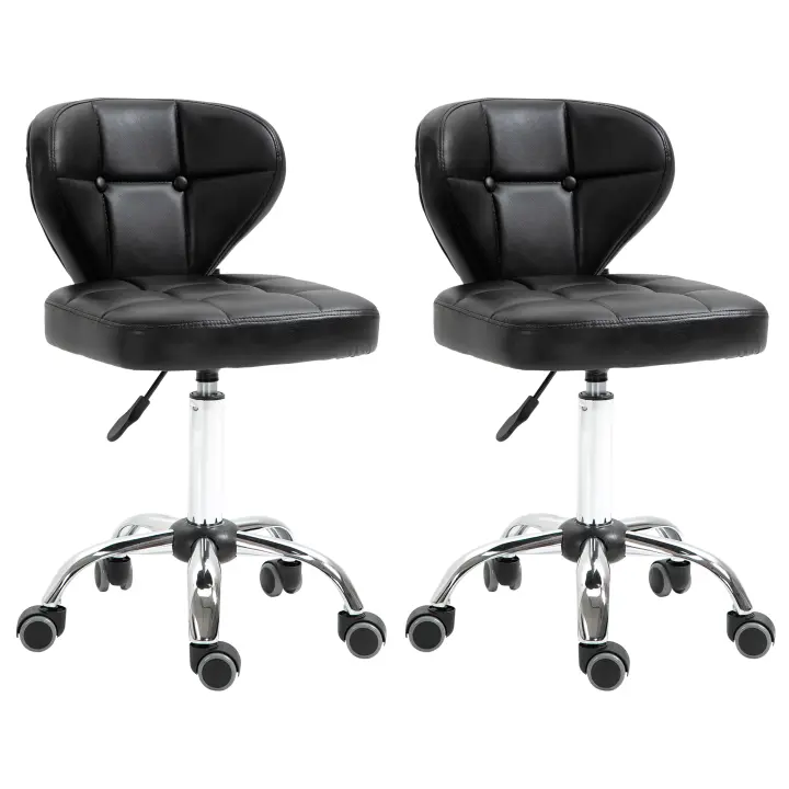 HOMCOM Juego de 2 Taburetes de Trabajo con Respaldo Taburetes con Ruedas de Piel Sintética Taburete Giratorio con Respaldo Taburete de Cosmética Taburete con Ruedas Taburete de Oficina 72-87 cm Altura Regulable Oficina Gris Oscuro 45 x 47 x 72-87 cm - 1