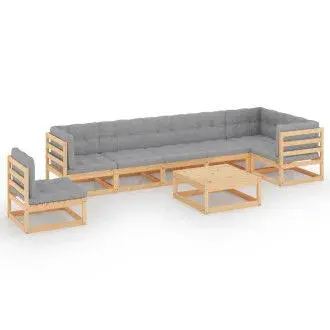 VIDAXL 3076649 juego de muebles para jardín de 8 piezas de madera pino maciza con cojines grises - 1